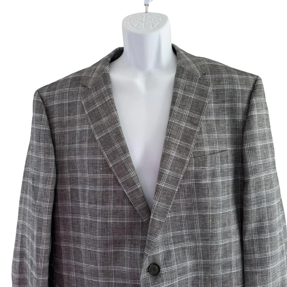 Hugo Boss Sport Coat Mens 44R Gray Plaid Cotton Linen James 4 Blazer 2 Button